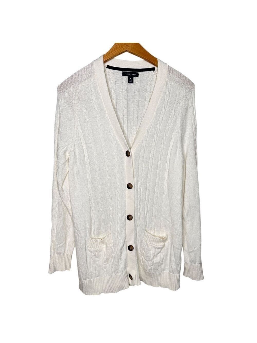 Lands' End Cream Cable‎ Knit Cardigan Sweater M Wool Blend Button Front Pockets